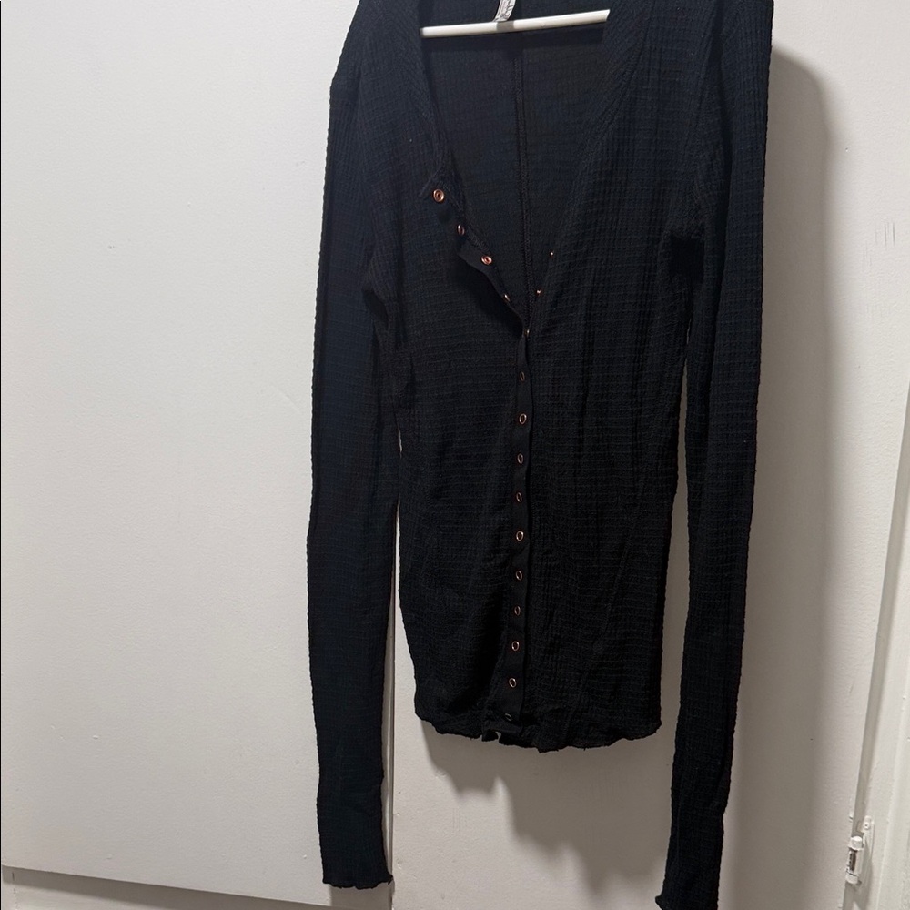 Free People Black Button-Down Waffle Knit Women's long sleeve